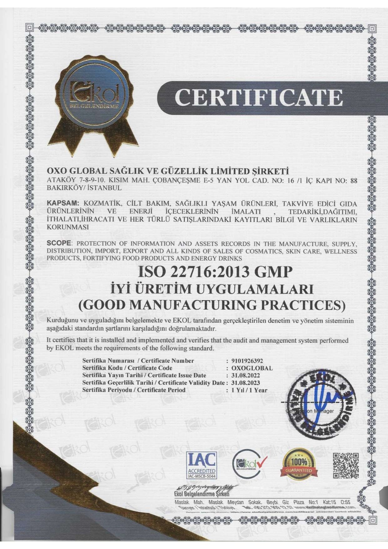 ISO 227162013 GMP GOOD MANUFACTURING PRACTICES (GOOD MANUFACTURING PRACTICES)
