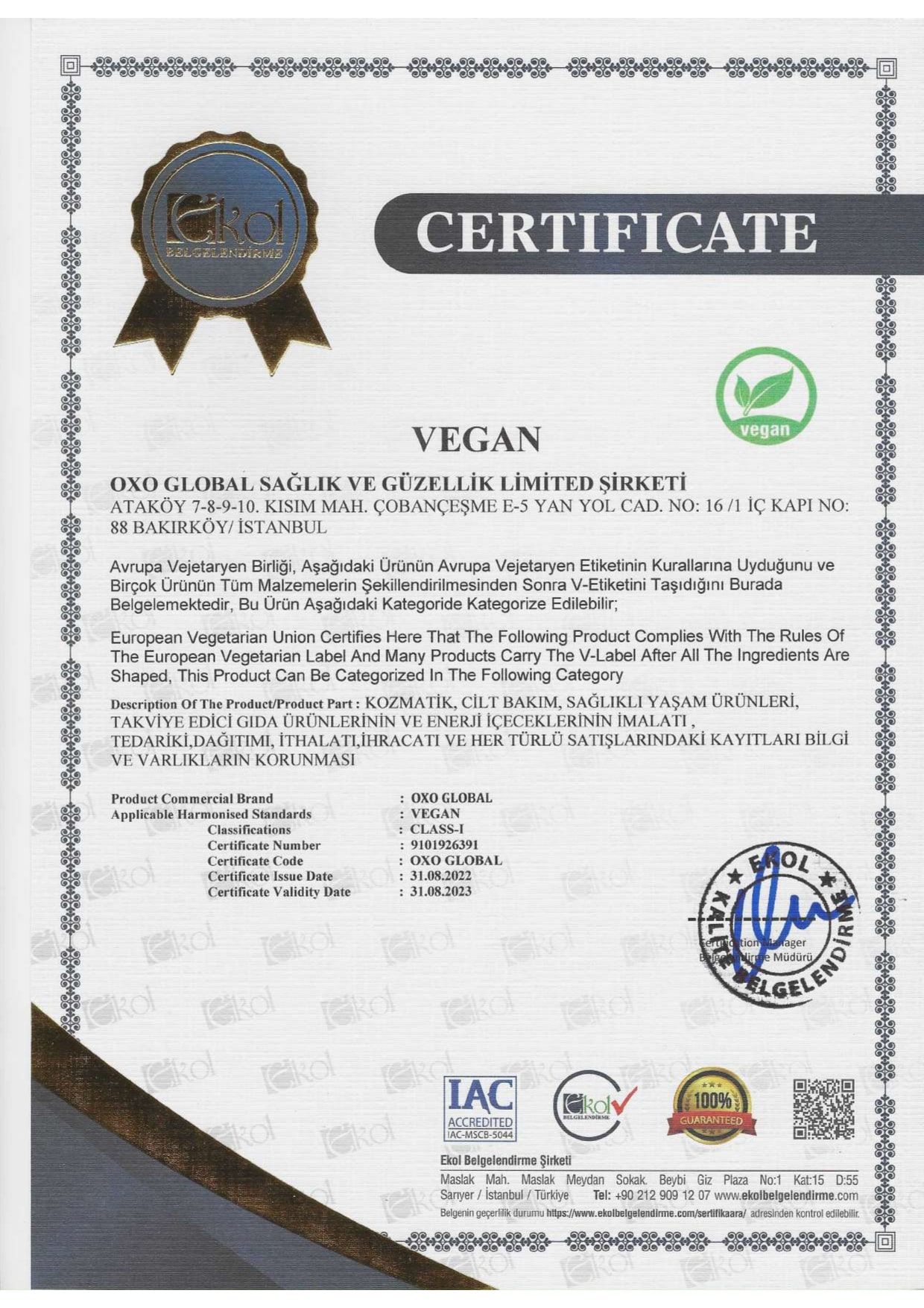 VEGAN CERTIFICATE