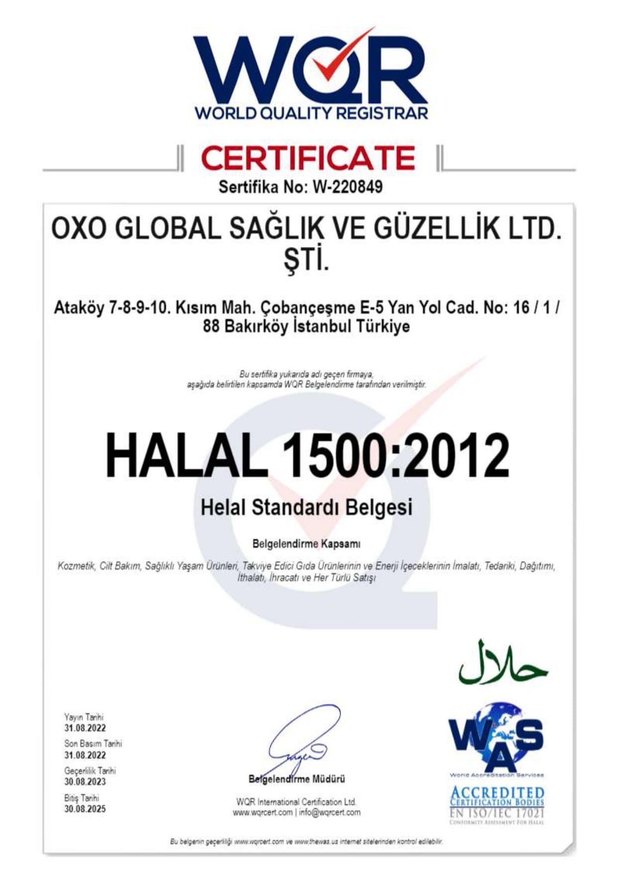 HALAL 1500 2012 HALAL STANDARD CERTIFICATE